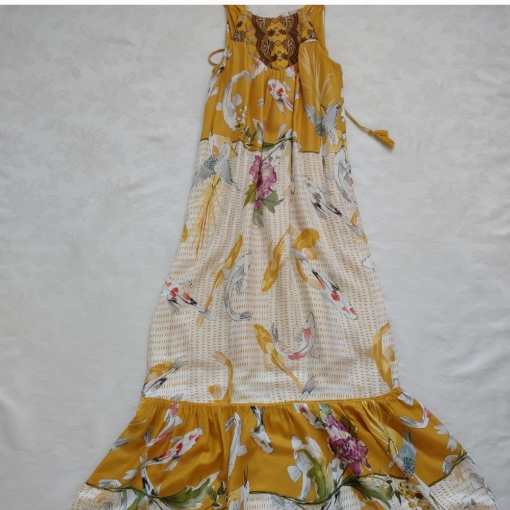 Anthropologie koi fish halter back ties ruffle hem embroidered maxi flowy dress - Picture 1 of 9